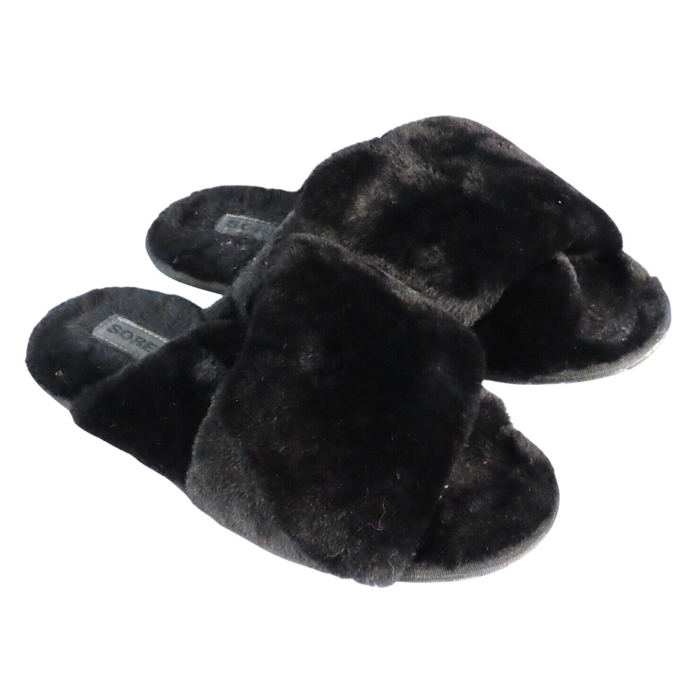 SOREL Black Faux Fur PLUSH SLIPPER SHOES Go Mail Run SLIDES Fuzzy Comfy SZ 9
